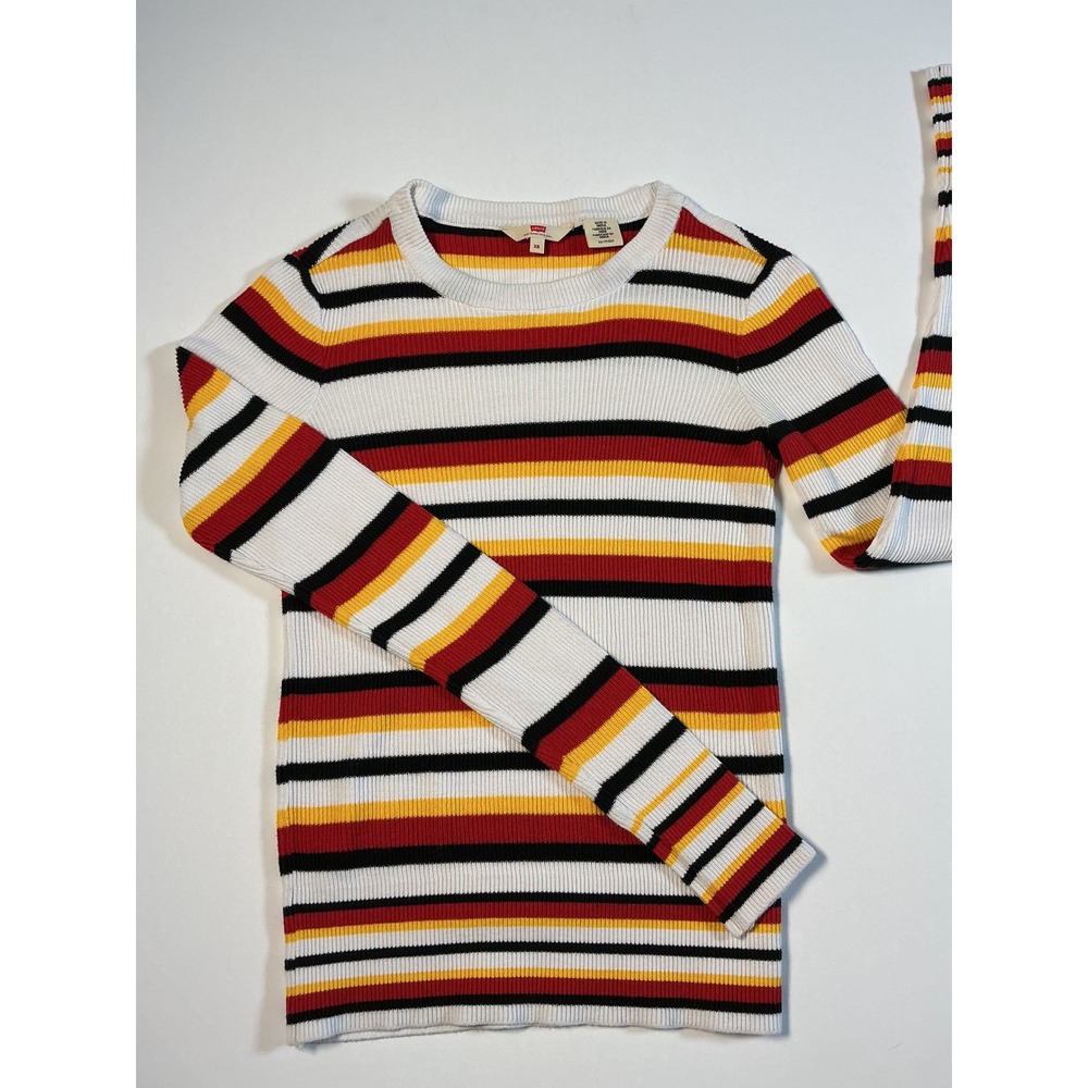 Levi's Striped Ribbed Knit Sweater White Red Yellow Black Crewneck Size XS